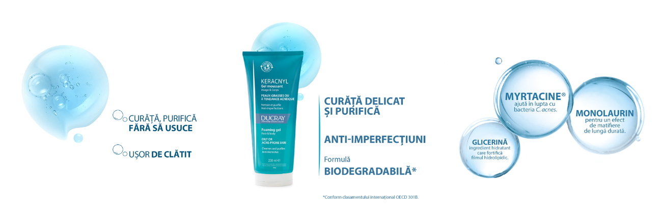 Gel spumant de curatare pentru pielea cu tendinta acneica Keracnyl, 200 ml, Ducray